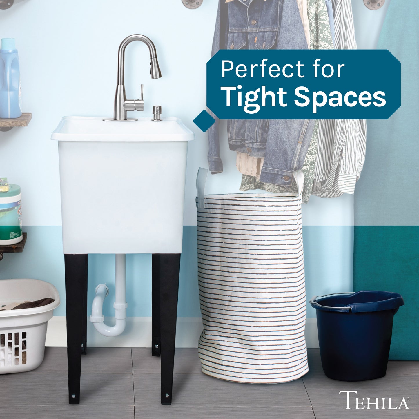 Tehila Space Saver Freestanding White Utility Sink with Stainless Steel Finish Low-Profile Pull-Down Faucet