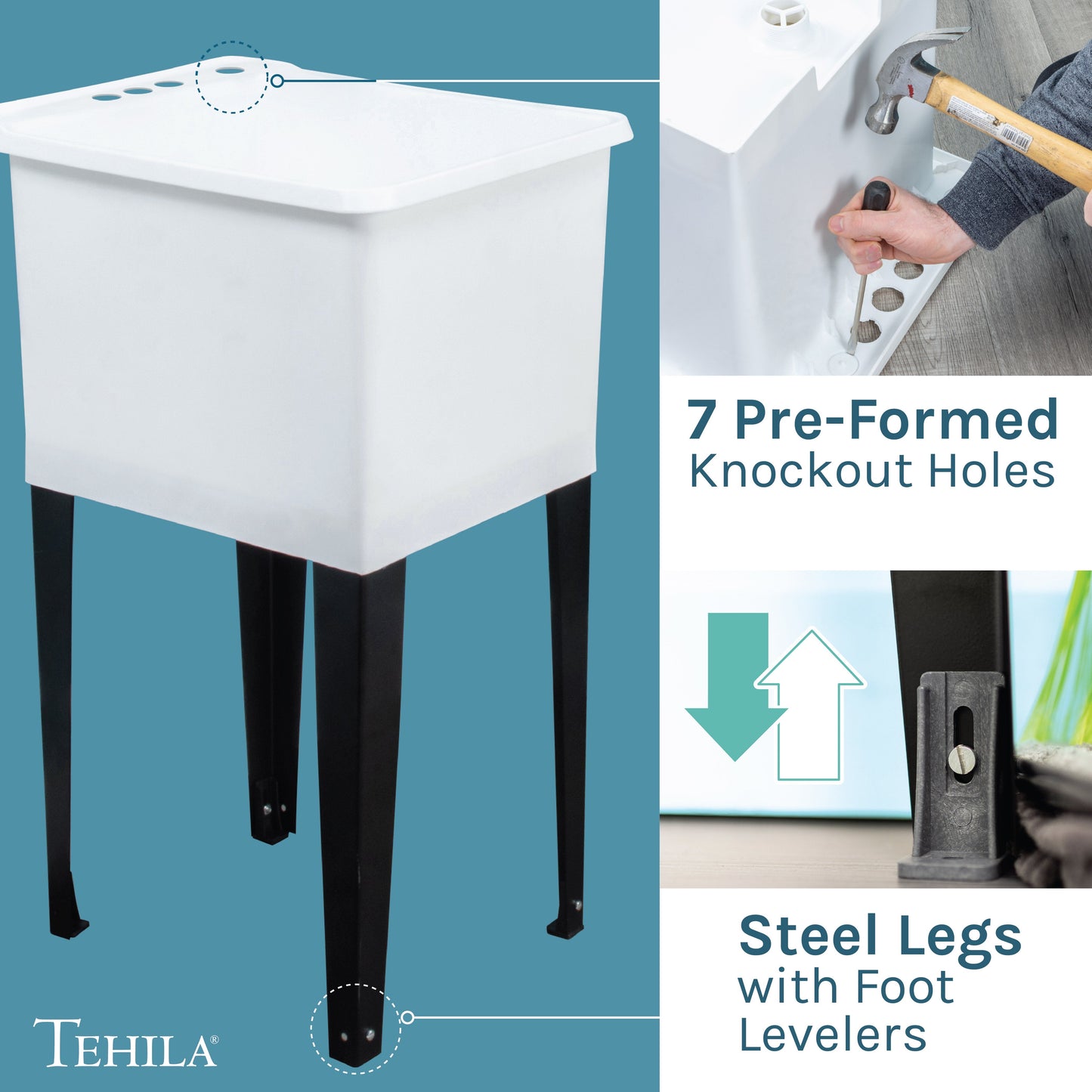 Tehila Space Saver Freestanding White Utility Sink with Stainless Steel Finish Low-Profile Pull-Down Faucet