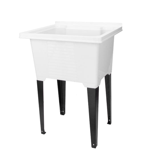 Tehila Luxe Freestanding White Utility Sink with Drainage Kit, No Supply Lines, No Strainer Basket