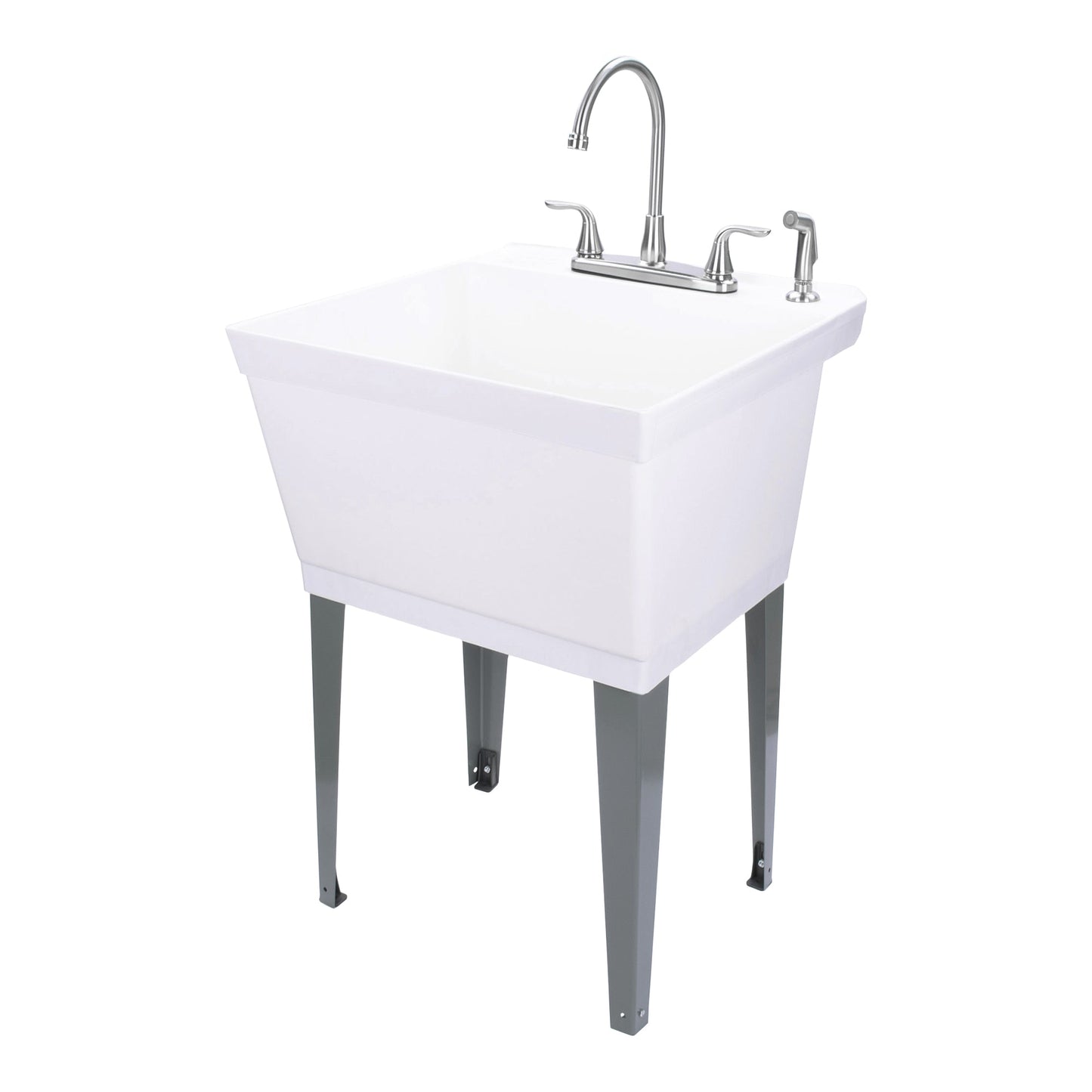 Tehila Standard Freestanding White Utility Sink with Grey Legs and Stainless Steel Finish Wide-set Gooseneck Faucet with Side Sprayer