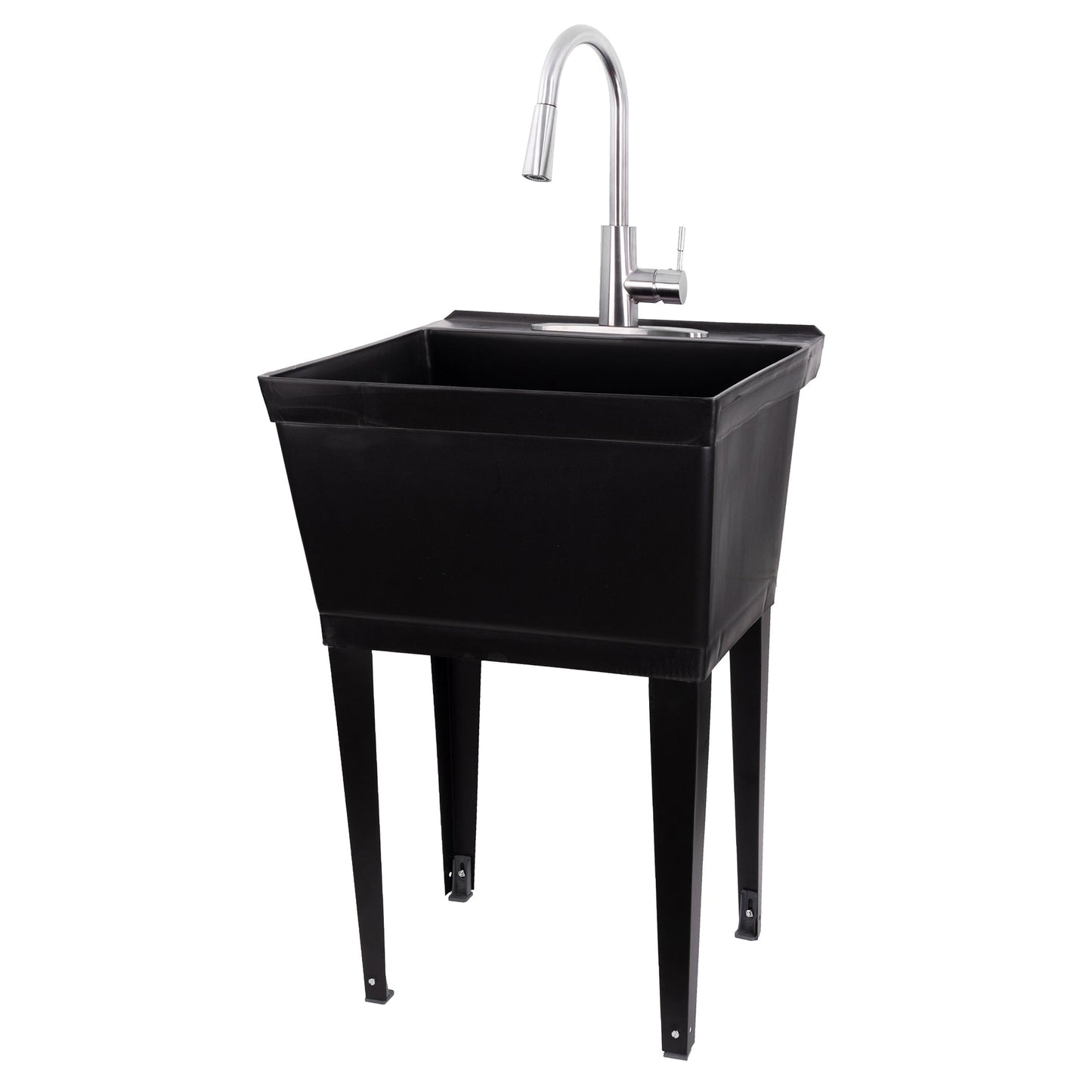 Tehila Standard Freestanding Black Utility Sink with Stainless Steel Finish High-Arc Pull-Down Faucet