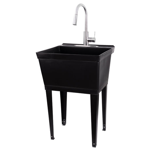 Tehila Standard Freestanding Black Utility Sink with Stainless Steel Finish High-Arc Pull-Down Faucet