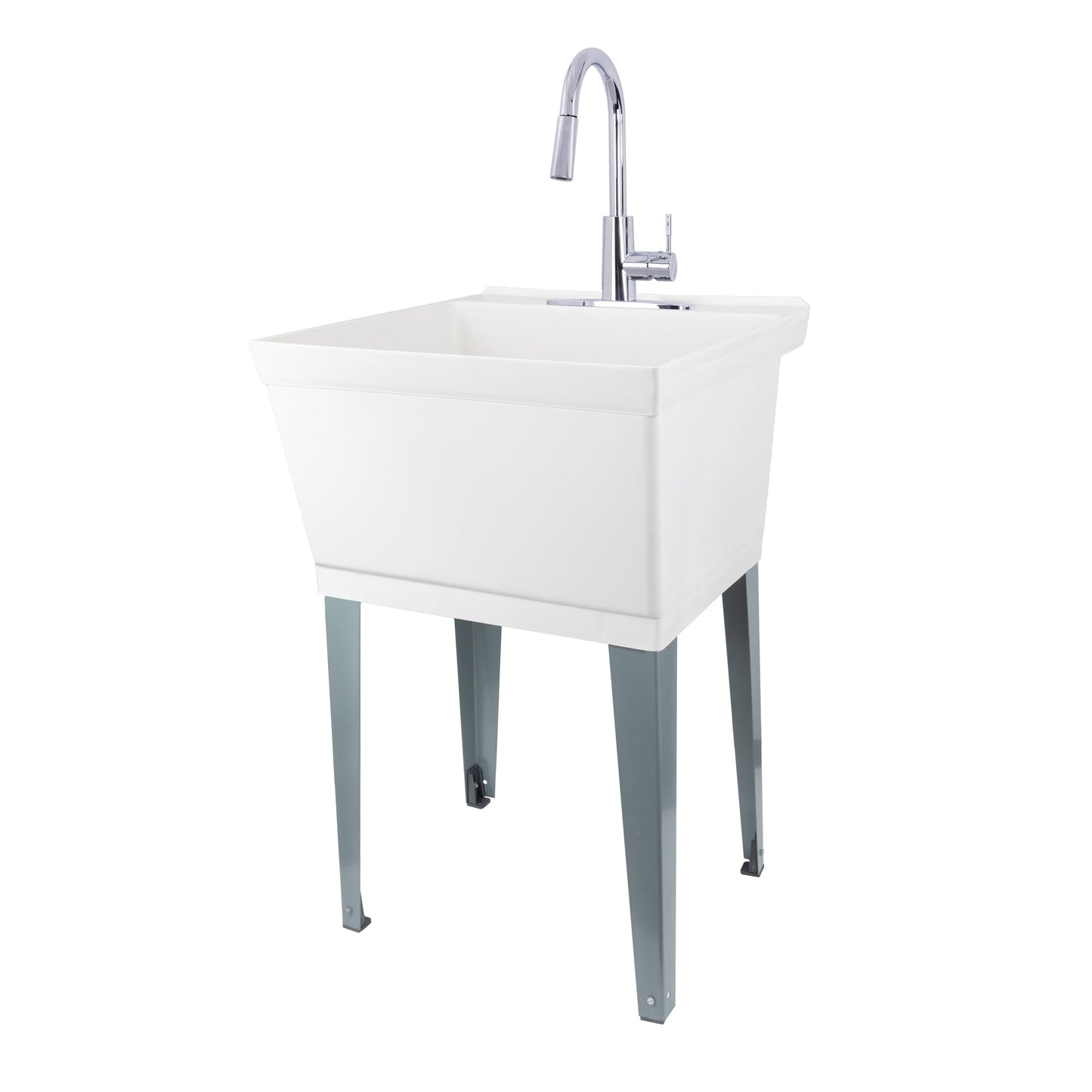 Tehila Standard Freestanding White Utility Sink with Chrome Finish High-Arc Pull-Down Faucet