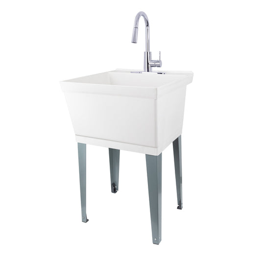 Tehila Standard Freestanding White Utility Sink with Chrome Finish High-Arc Pull-Down Faucet