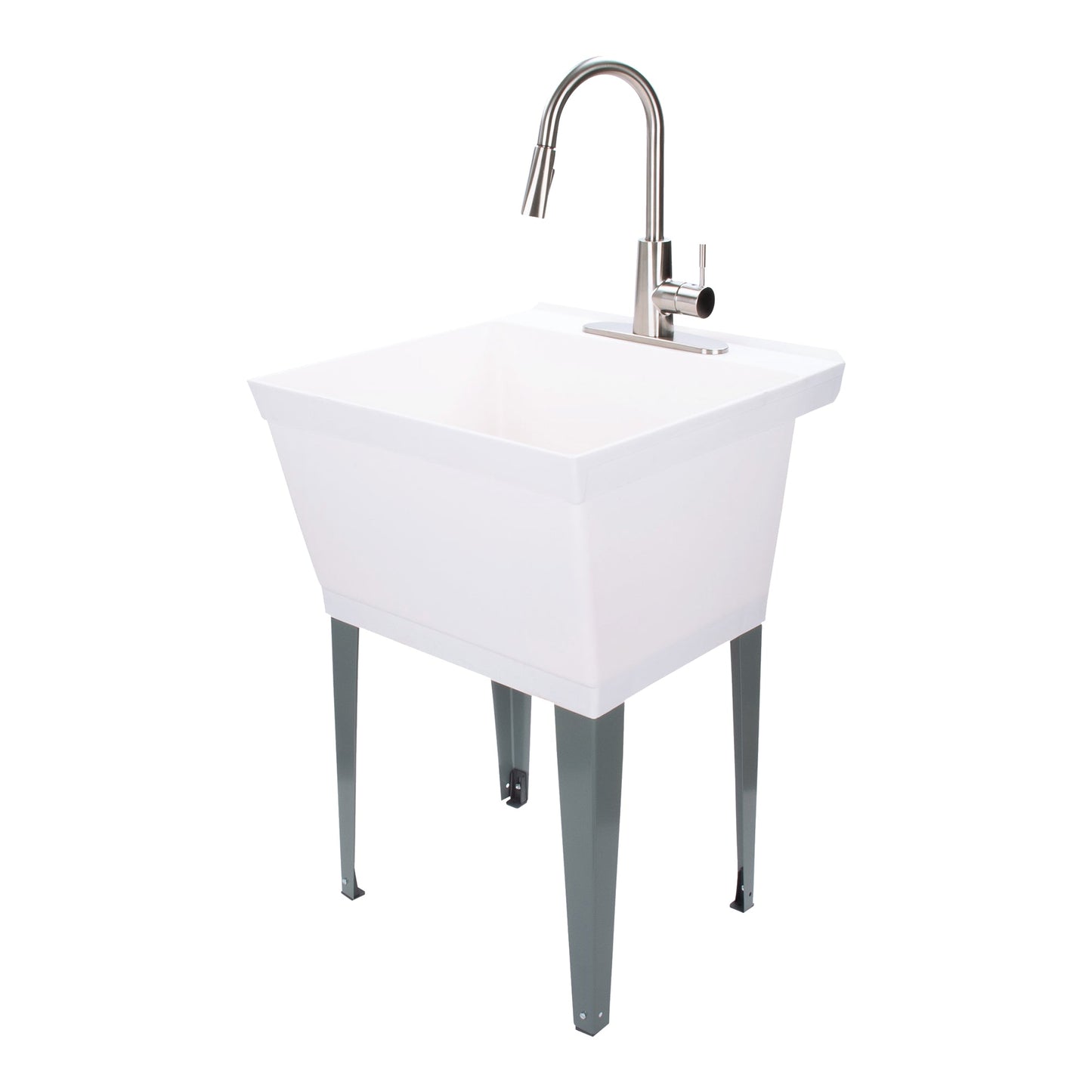 Tehila Standard Freestanding White Utility Sink with Stainless Steel Finish High-Arc Pull-Down Faucet