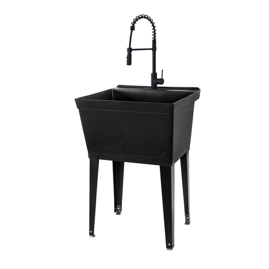 Tehila Standard Freestanding Black Utility Sink with Black Finish High-Arc Coil Pull-Down Faucet