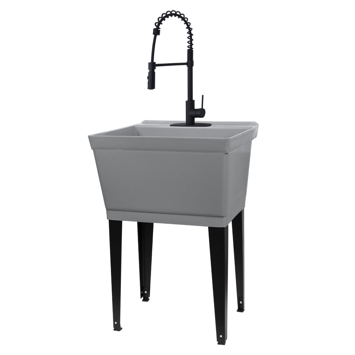 Tehila Standard Freestanding Grey Utility Sink with Black Finish High-Arc Coil Pull-Down Faucet