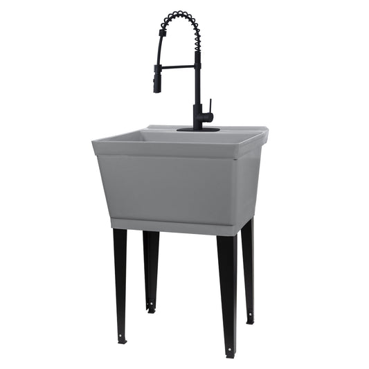 Tehila Standard Freestanding Grey Utility Sink with Black Finish High-Arc Coil Pull-Down Faucet