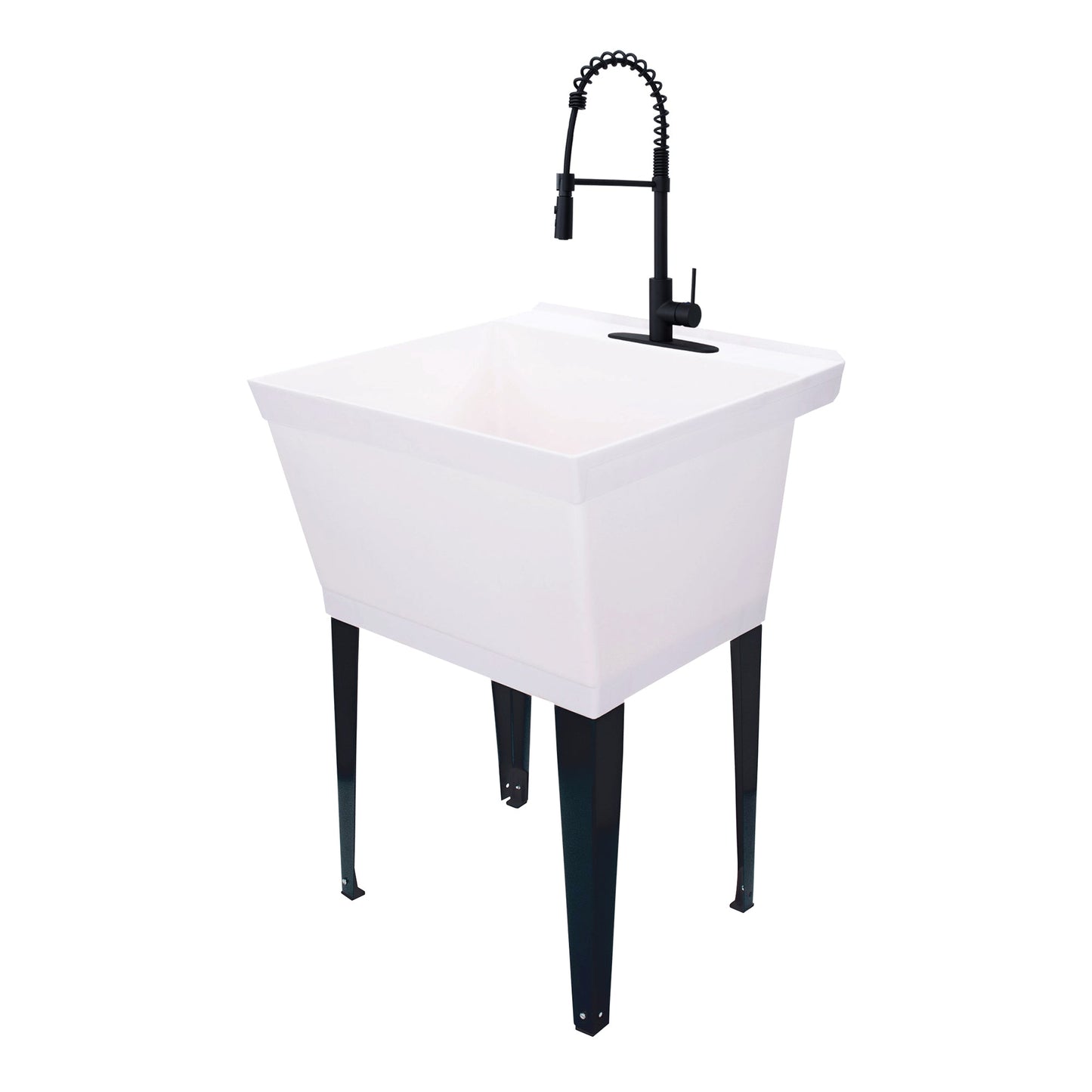 Tehila Standard Freestanding White Utility Sink with Black Finish High-Arc Coil Pull-Down Faucet