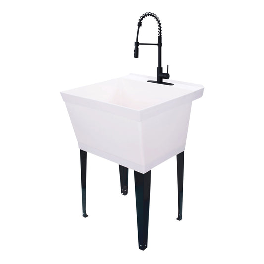 Tehila Standard Freestanding White Utility Sink with Black Finish High-Arc Coil Pull-Down Faucet