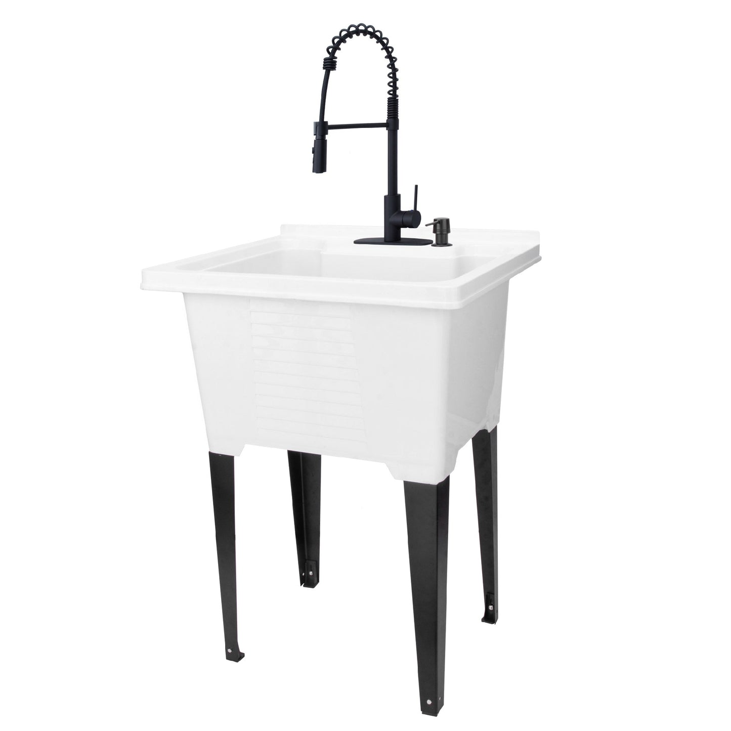 Tehila Luxe Freestanding White Utility Sink with Black Finish High-Arc Coil Pull-Down Faucet