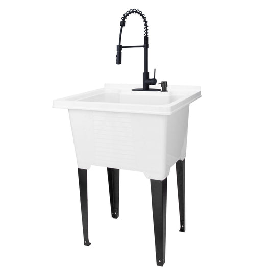 Tehila Luxe Freestanding White Utility Sink with Black Finish High-Arc Coil Pull-Down Faucet