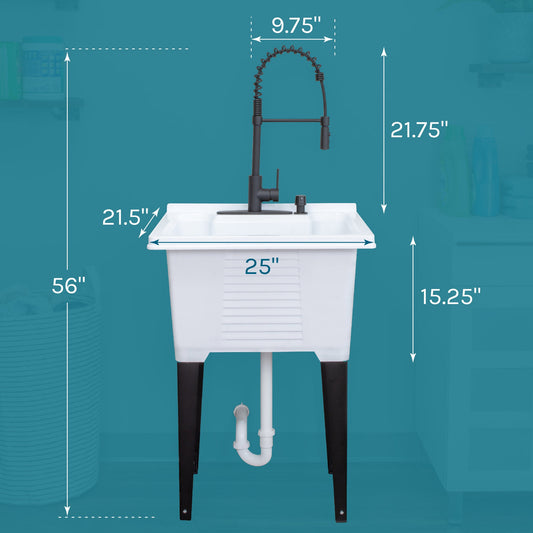 Tehila Luxe Freestanding White Utility Sink with Black Finish High-Arc Coil Pull-Down Faucet
