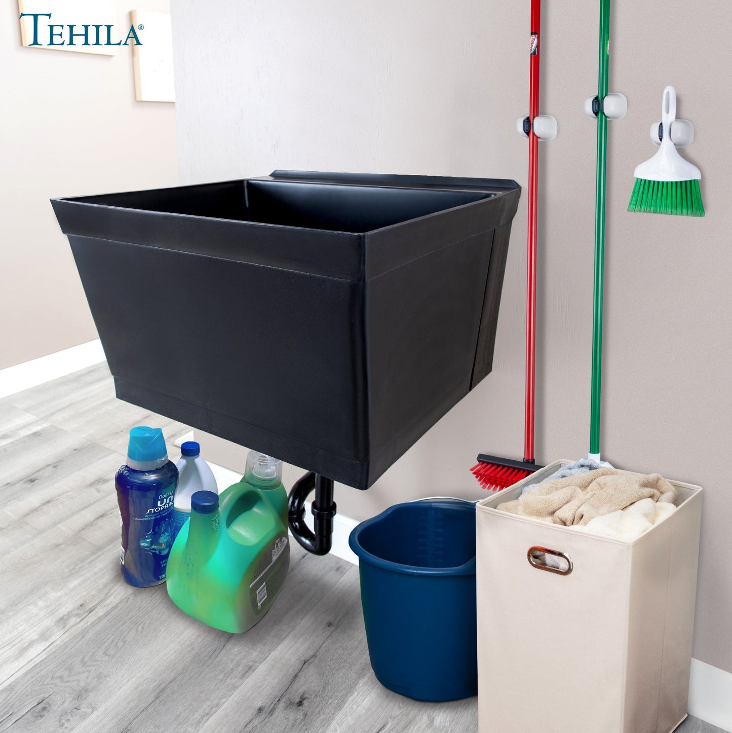 Tehila Standard Wall-Mounted Black Utility Sink, Water Supply Lines Included