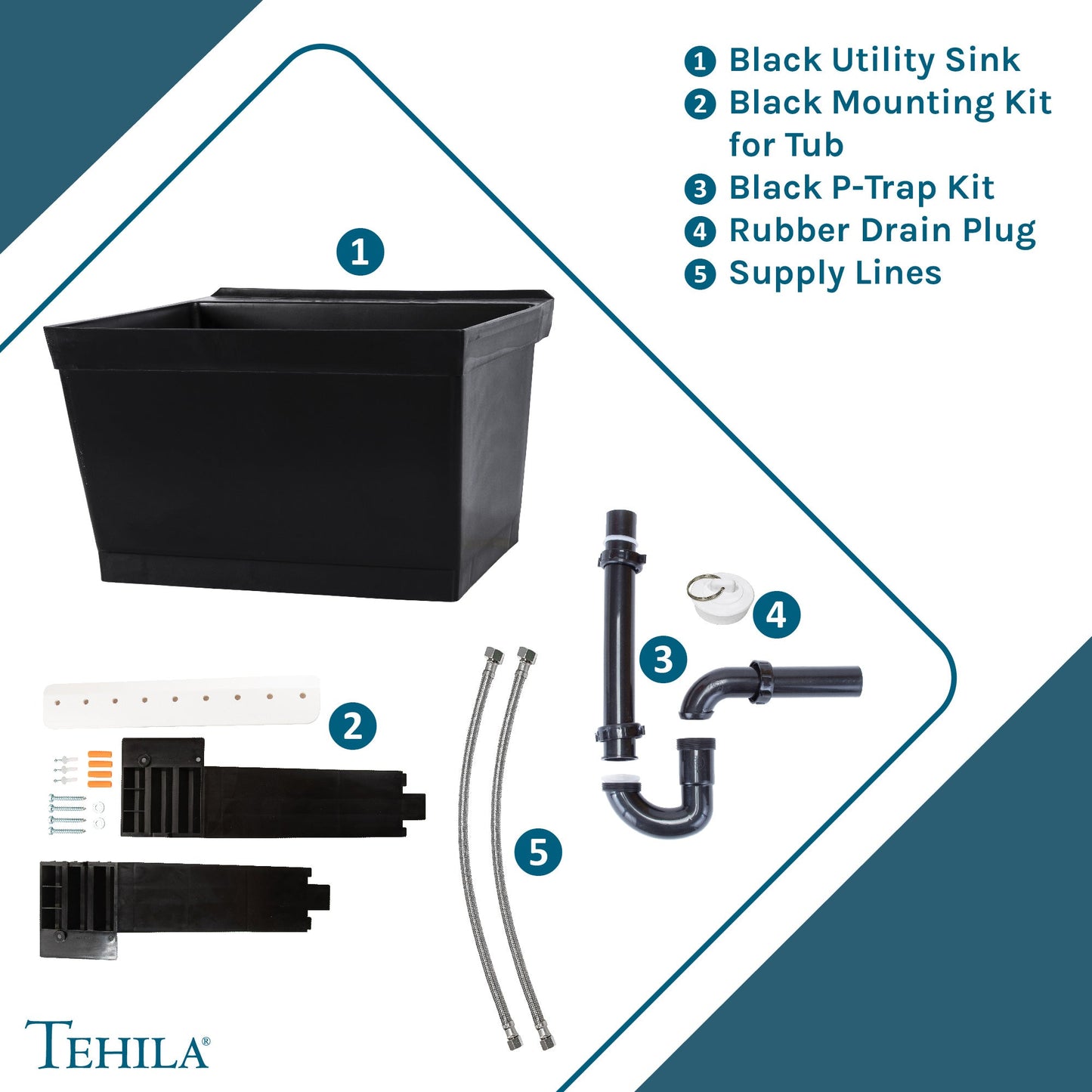 Tehila Standard Wall-Mounted Black Utility Sink, Water Supply Lines Included