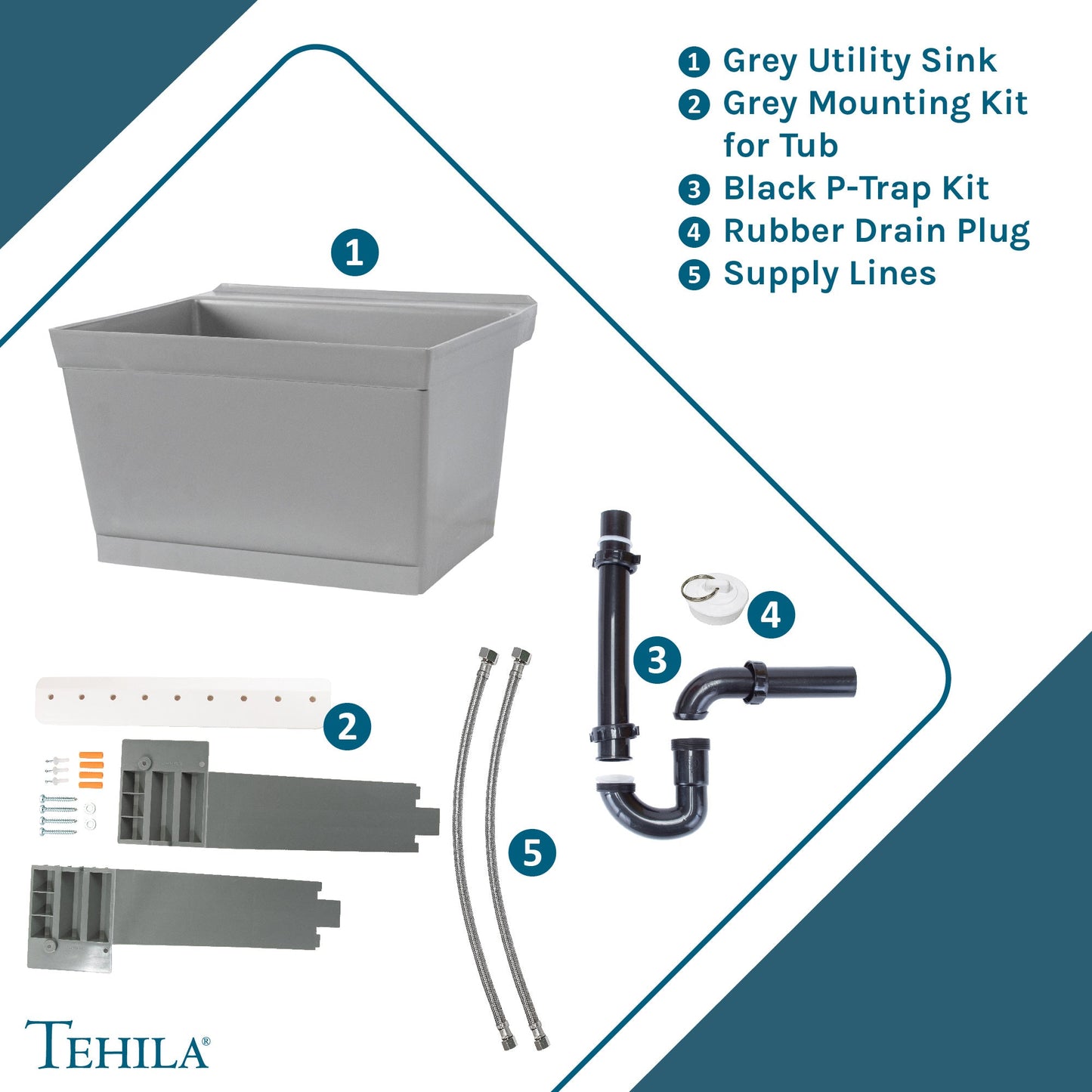 Tehila Standard Wall-Mounted Grey Utility Sink, Water Supply Lines Included
