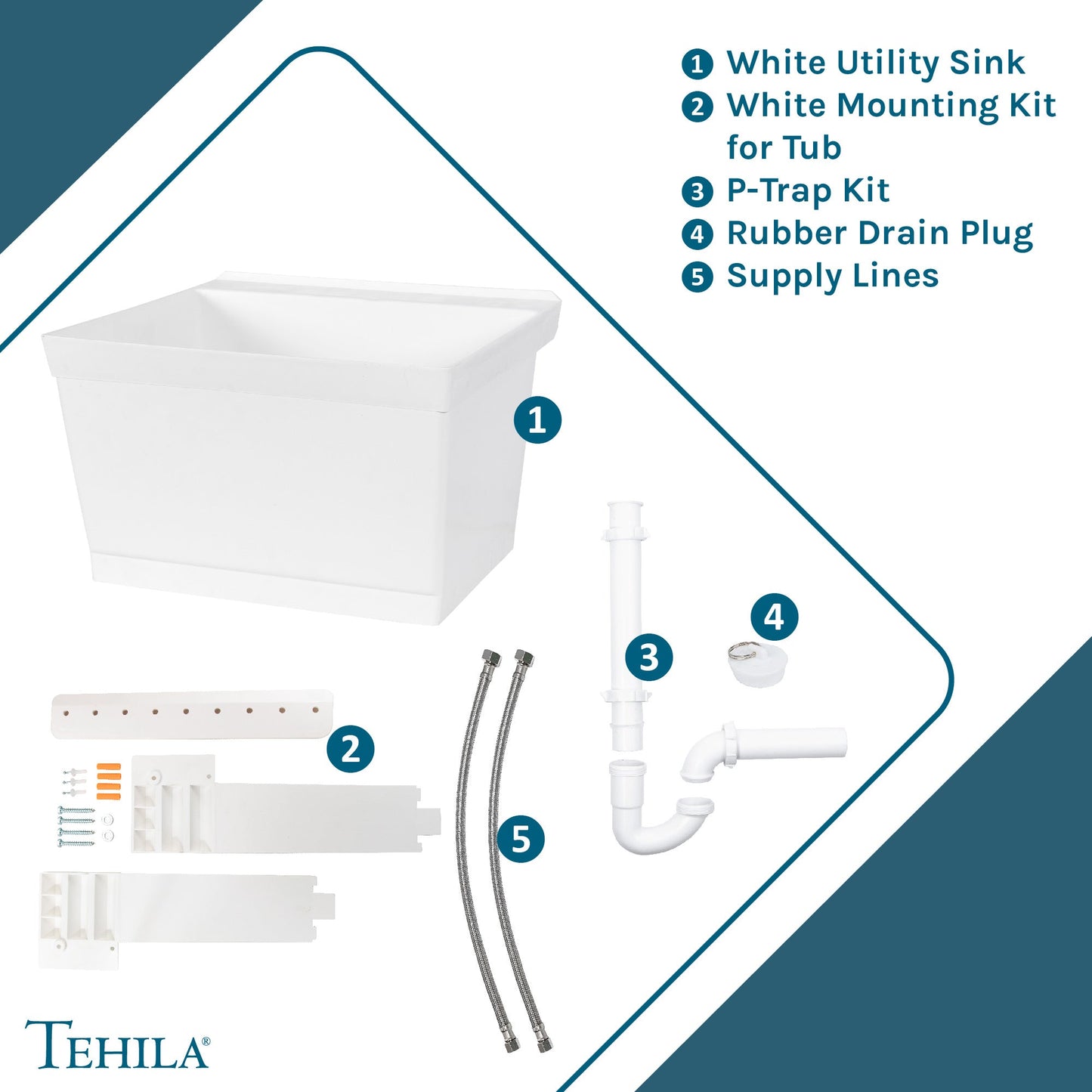 Tehila Standard Wall-Mounted White Utility Sink, Water Supply Lines Included