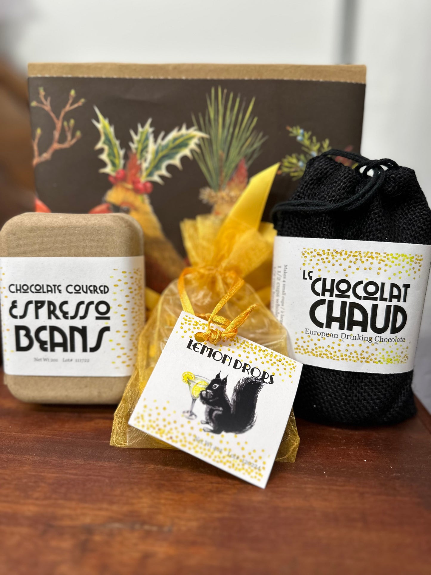 Old World Delights Gift Box - European Drinking Chocolate, Chocolate Covered Espresso Beans, Lemon Drops