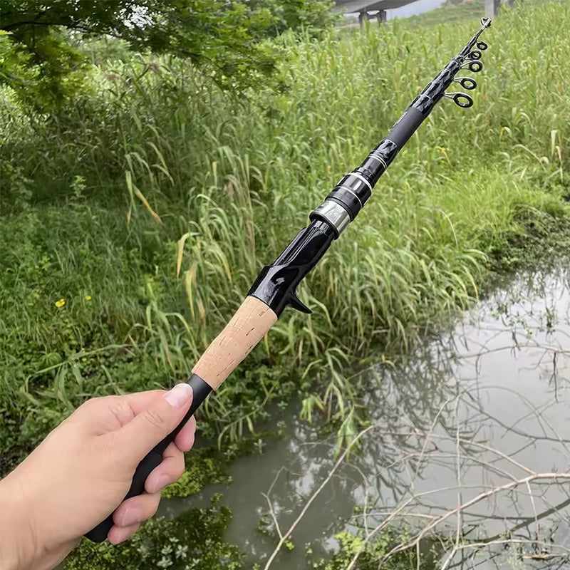 1.5 - 2.4M Telescopic Carbon Fishing Rod Rotary Baitcasting (8 - 25g) with Wooden Handle