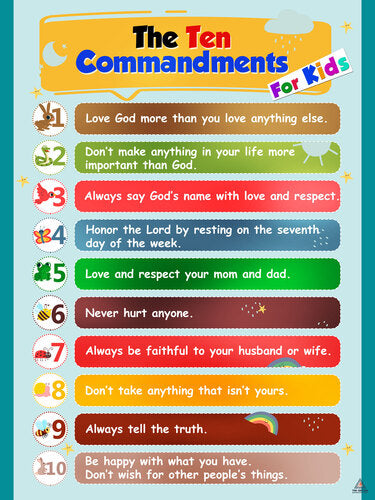 Ten Commandments Poster for Kids Children Classroom Wall Art (18"x24")