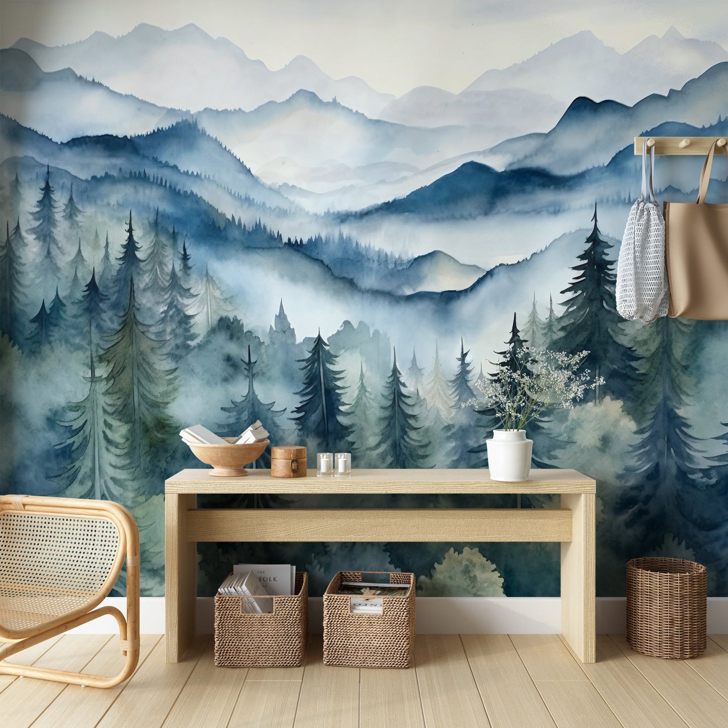 Watercolor Foggy Pine Tree Forest Mural
