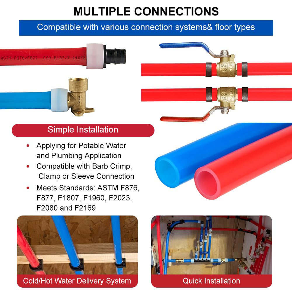 1/2" 2 x100ft, 200ft PEX-A Tubing (Blue & Red), 1/2" Brass Expansion Elbow & Tee & Coupler (30 PCS), 1/2" Expansion Rings (100 PCS), Pipe Cutter (1/2" )