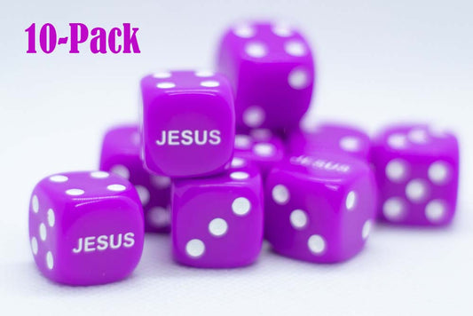 10-Pack Purple 16mm d6 Dice Featuring 'JESUS' on the 6 side