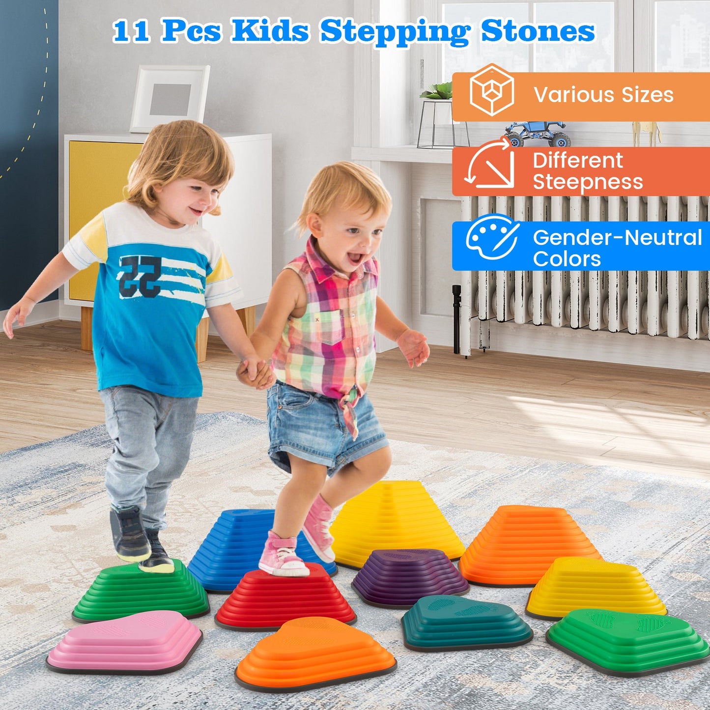 11 Pieces Kids Stepping Stones Stackable Balance Blocks Indoor Outdoor-Multicolor