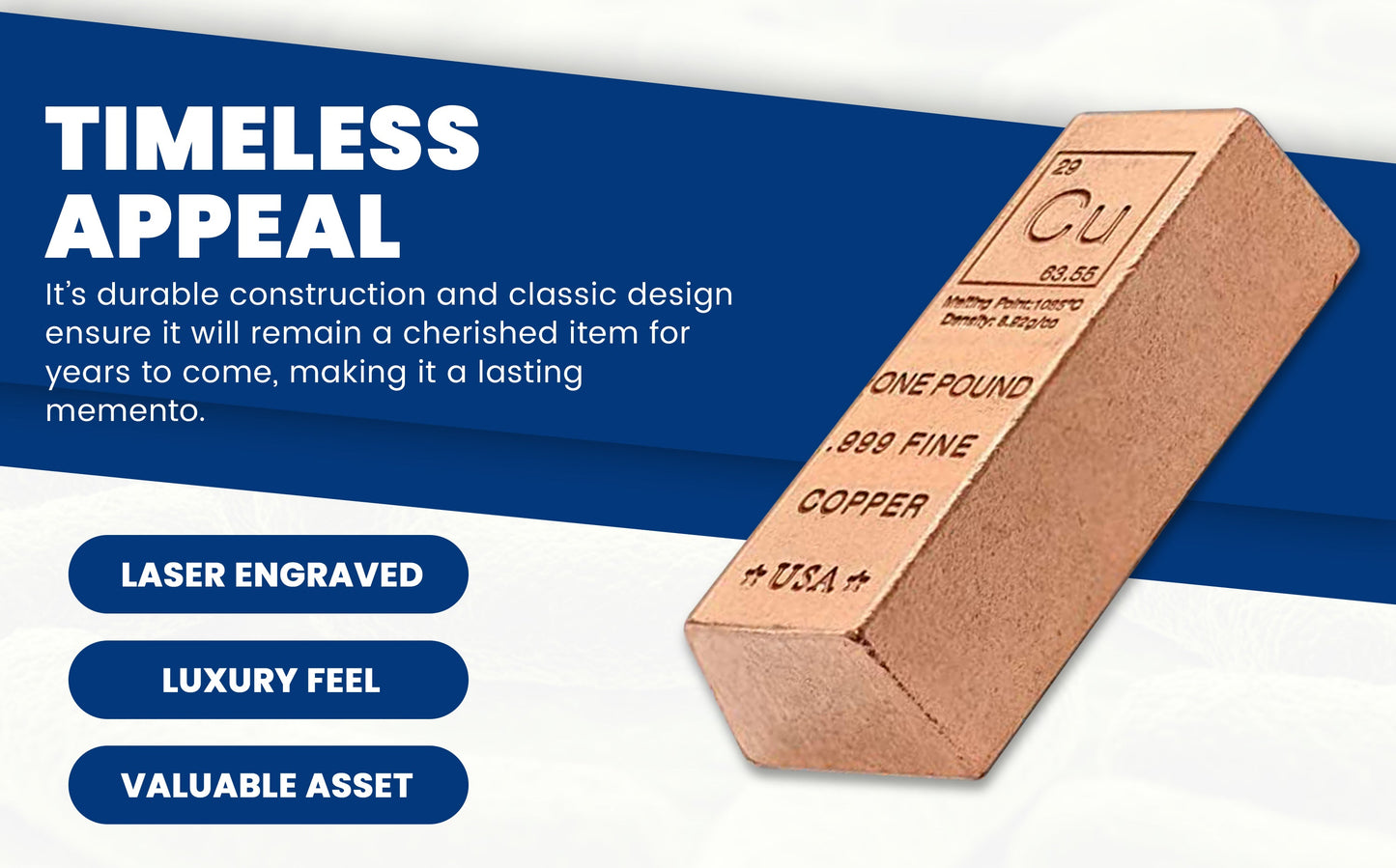 1 Pound Copper Bullion Bar Ingot Paperweight - 999 Pure Chemistry Element Design with Certificate of Authenticity