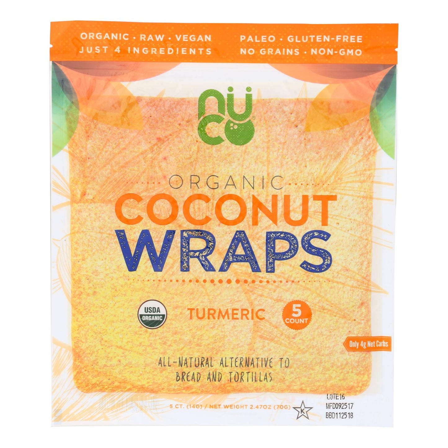 Nuco Organic Turmeric Coconut Wraps  - Case Of 12 - 2.47 Oz