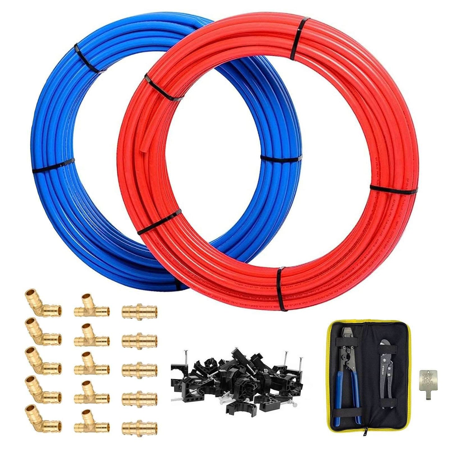 1/2" 2 x100ft, 200ft PEX-B Tubing (Blue & Red), Brass PEX Fittings, Crimping Tool, Cinch Clamps, Cutter, J Clamps (All in One Bundle)