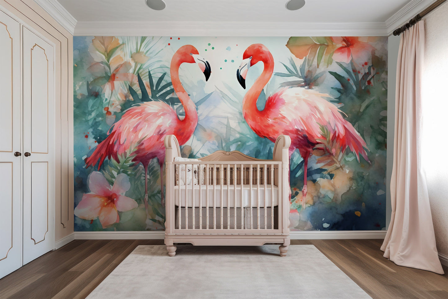 Watercolor Tropical Flamingo Mural