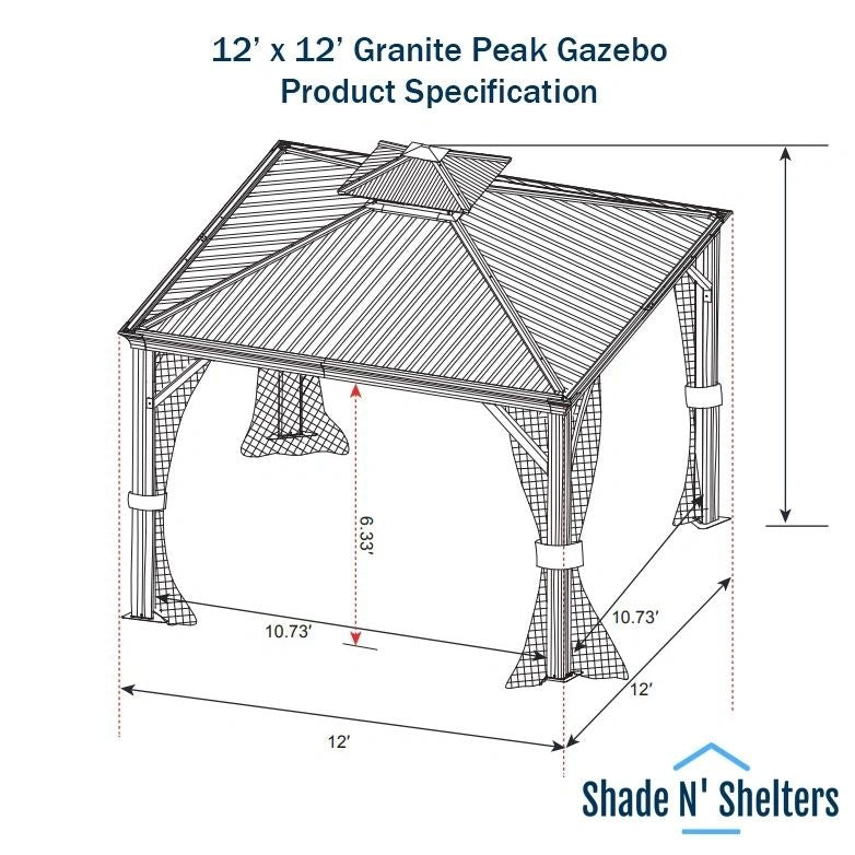 Shade N' Shelters 12' x 12' Granite Peak Hardtop Gazebo with Mosquito Netting