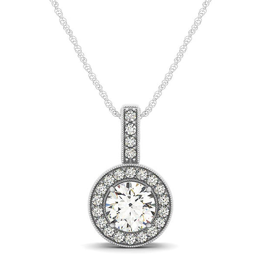 Milgrain Edge Diamond Halo Pendant in 14k White Gold (5/8 cttw)