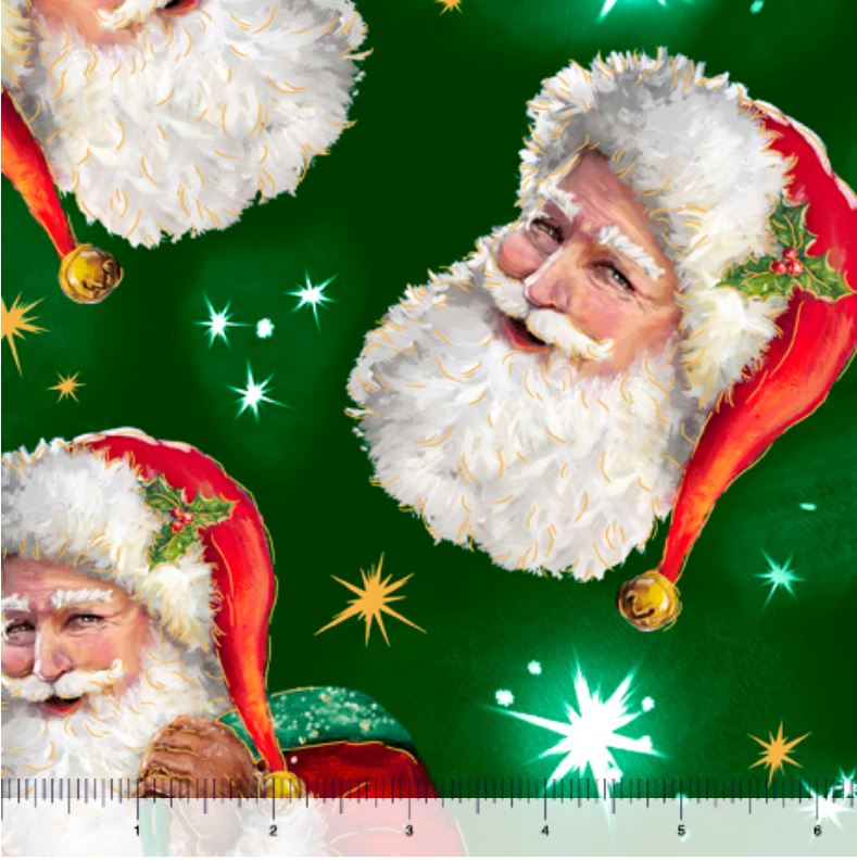 44 x 36 Tossed Santa Heads On Green Quilting Treasures 100% Cotton Christmas