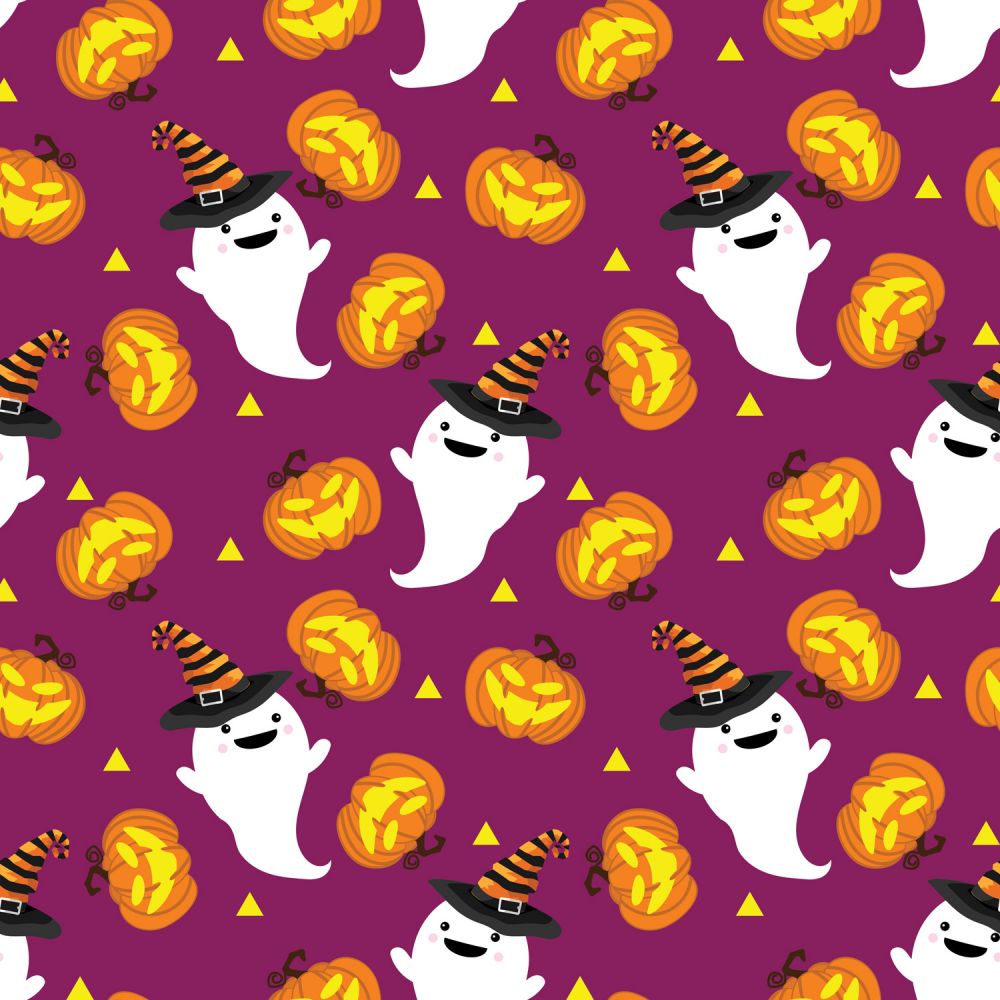 45 x 36 Halloween Happy Ghosts and Pumpkins on Purple 100% Cotton Fabric