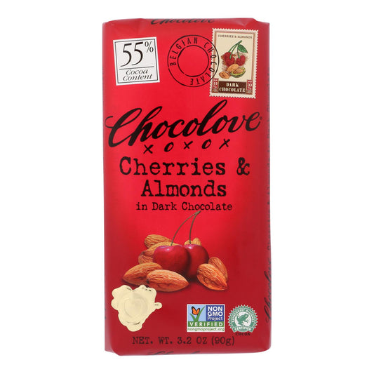 Chocolove Xoxox - Premium Chocolate Bar - Dark Chocolate - Cherries And Almonds - 3.2 Oz Bars - Case Of 12