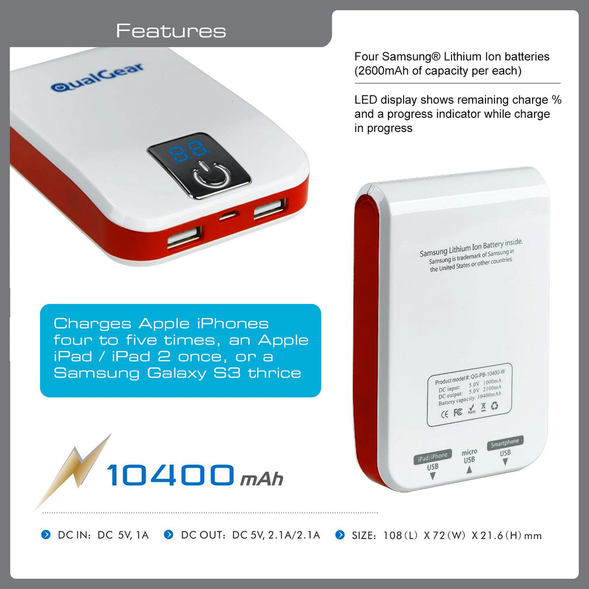 QualGear Portable Power Bank, 10,400 mAh, Dual USB, White, QG-PB-10400-W