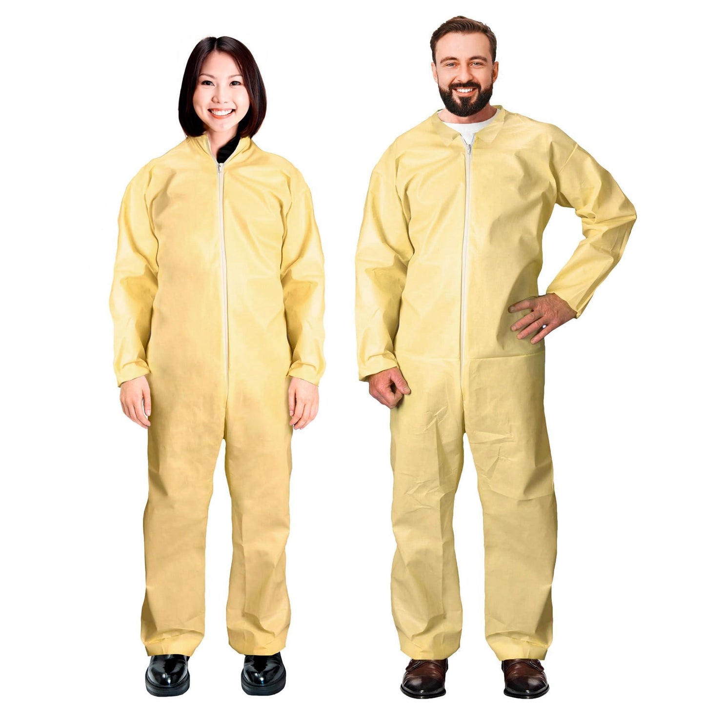 AMZ Medical Supply Disposable Coveralls for Men Women XX Large. 5 Pack Yellow Hazmat Suits Disposable. PP PE 82 GSM Disposable Coverall Suit with Cut Wrists Ankles. Waterproof Hazmat Suit Costume