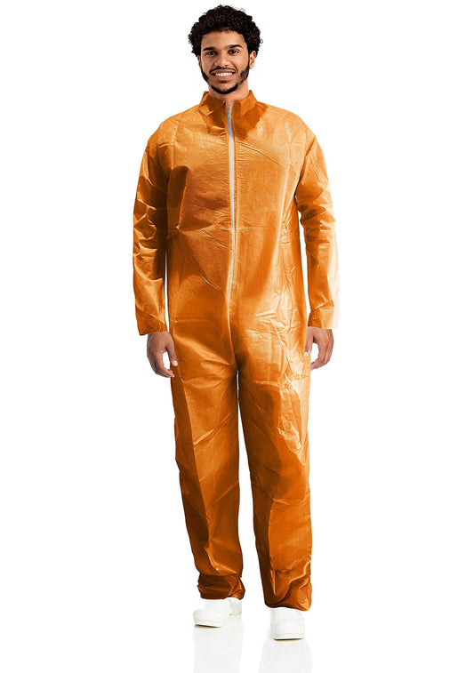 AMZ Medical Supply Disposable Coveralls for Men Women X Large. Orange Hazmat Suits Disposable 5 Pack PP   PE 40 GSM Medical Protective Suit Disposable with Open Wrists Ankles Front Zipper