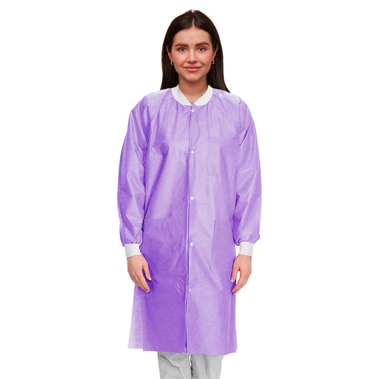 Purple Disposable Lab Coats for Adults 44” Large SMS Disposable Smocks Pack of 10 Protective Disposable Scrubs 50 GSM with Front Snaps Knit Cuffs Collar 3 Pockets