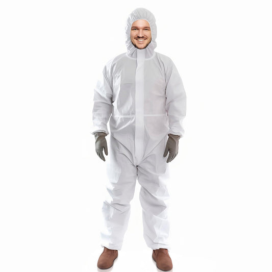 AMZ Medical Supply Disposable Coveralls for Men Women Medium Pack of 5 White Hazmat Suits Disposable with Hood Zipper 60gsm Microporous Hazmat Suit Costume Waterproof Lab Coveralls Disposable