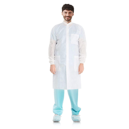 White Disposable Lab Coat Women and Men Pack of 10 Small Disposable Lab Coats for Adults SMS 40 gsm Fluid Resistant Lab Coat Disposable with Front Snaps 3 Pockets Knit Cuffs and Collar