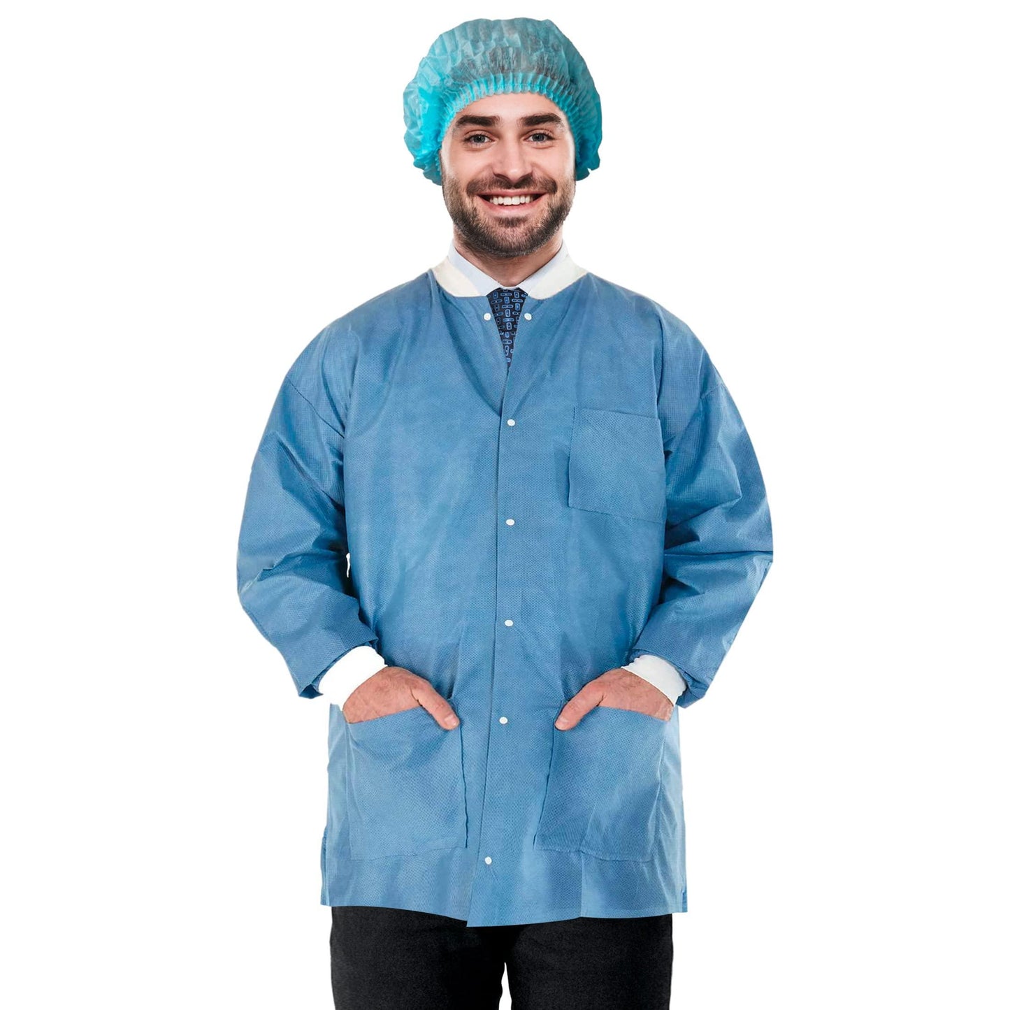 Lab Jacket for Men and Women Medium Pack of 10 Ceil Blue PPE Jacket SMS 50 GSM Disposable Jackets Dental 30'' Long Disposable Lab Jacket with Snaps Front Knit Cuffs & Collar 3 Pockets