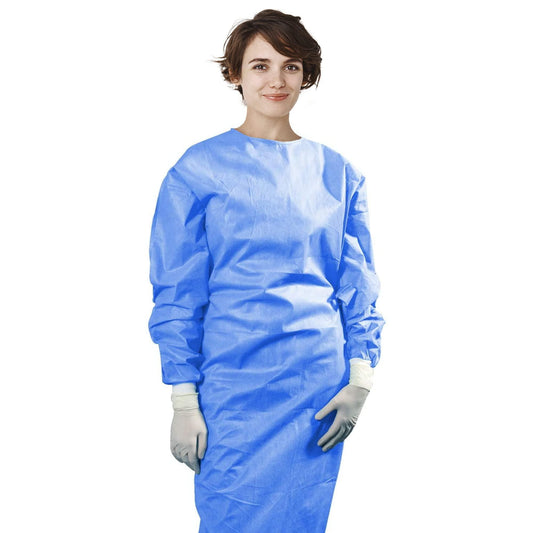 AMZ Medical Supply Hospital Disposable Gowns Large Blue Medical Isolation Gowns Disposable 10 Pack 50 GSM Polypropylene Medical Gowns for Women and Men with Knit Wrists Neck and Waist Ties