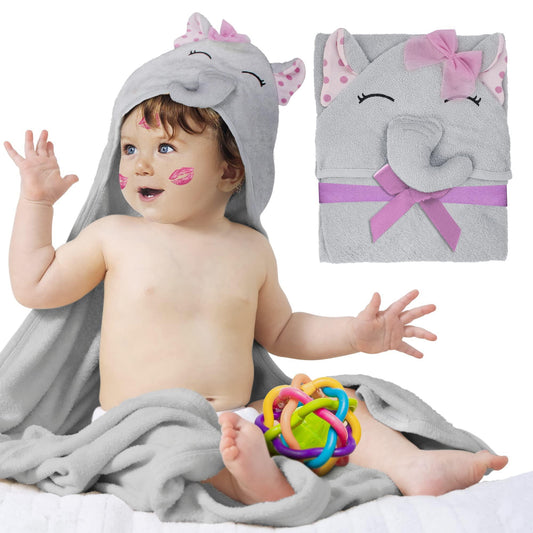 PUREVACY Hooded Baby Towels 33 x 33 Inch. Pink Terry Cotton Baby Bath Towels Hooded with Elephant Face and Ears. Soft Toddler Hooded Towels for Boy Girl. Absorbent Hooded Baby Towel