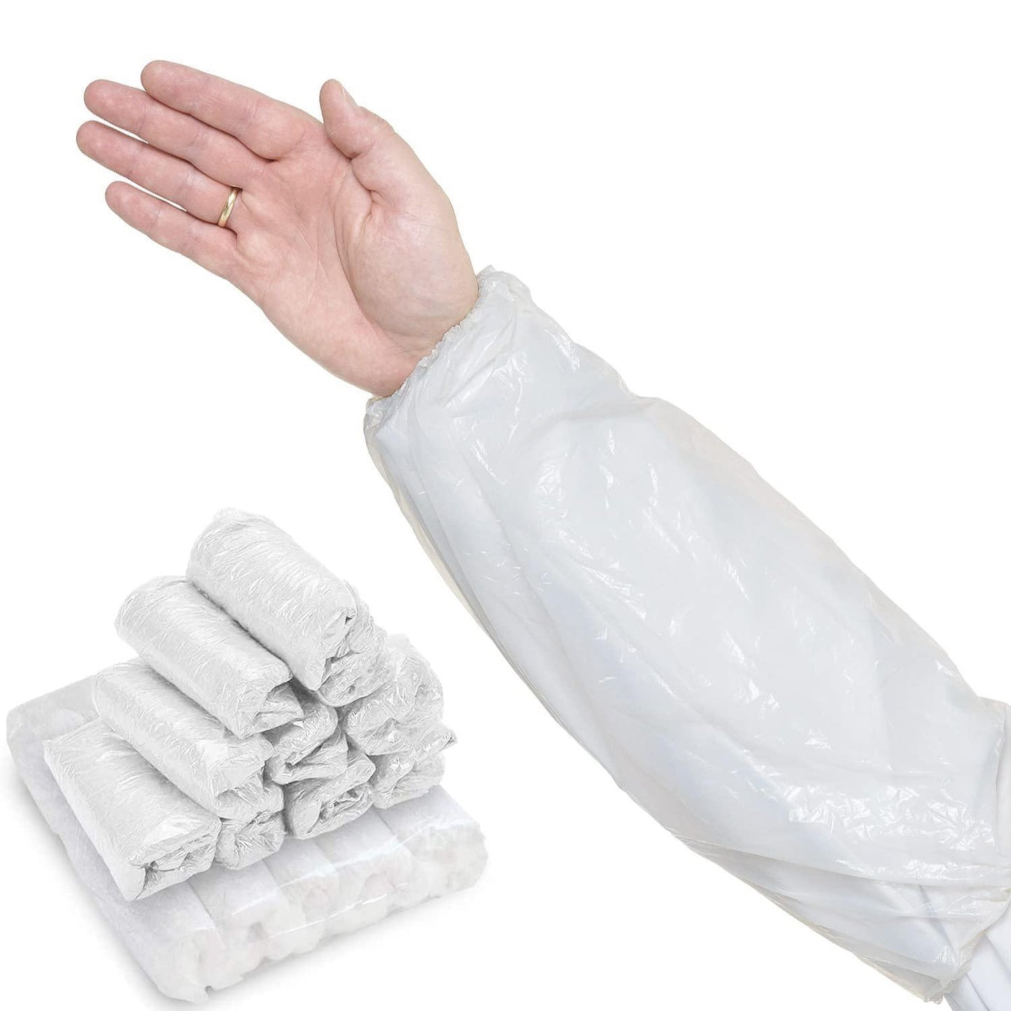 AMAZING Disposable Clear Oversleeves 18 . Pack of 100 Embossed Plastic Waterproof PPE Arm Covers with Elastic Wrist Elbow. Polyethylene 1 Mil Protective Sleeves for Work in Food Service Industrial.