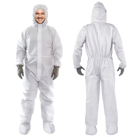 AMZ Medical Supply Disposable Coveralls for Men & Women 3X Large. 5 Pack of 60 GSM Microporous White Hazmat Suits Disposable. Disposable Hazmat Suit with Hood Boots Elastic Wrist Lower Back Zipper