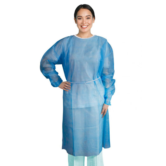 AMZ Medical Supply Hospital Disposable Gowns X Large Blue Medical Isolation Gowns Disposable 5 Pack Polypropylene 45” Medical Gowns for Women Men 45 GSM with Waist and Neck Ties Elastic Wrists