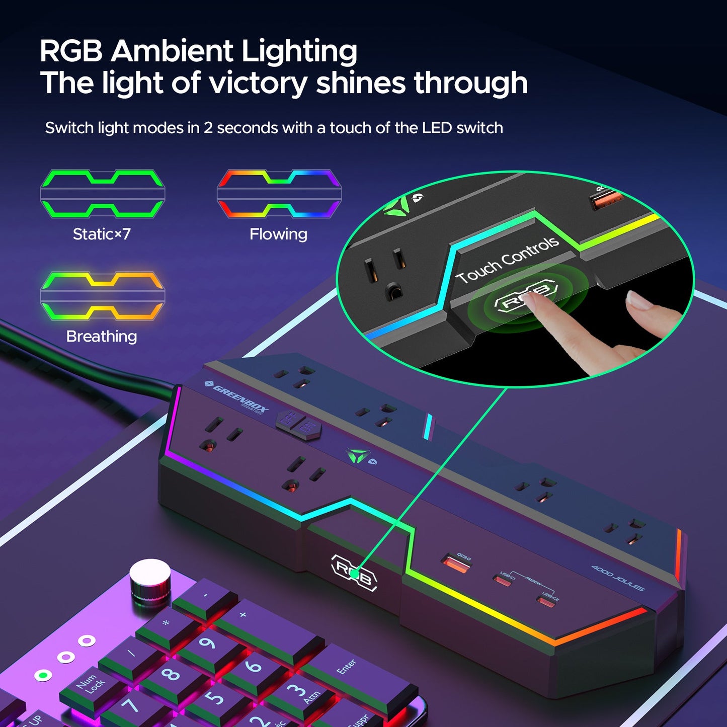 6 Outlet Surge Protector Power Strip with RGB Lights and PD 20W Fast Charging USB Ports, Wide-Spaced Outlet Perfect for e-Sports, Game PC, Home and Offices